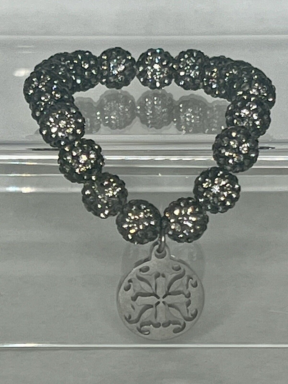 Black Silver Emerson Shambella Beaded Stretch Bracelet Logo Silver Tone Charm